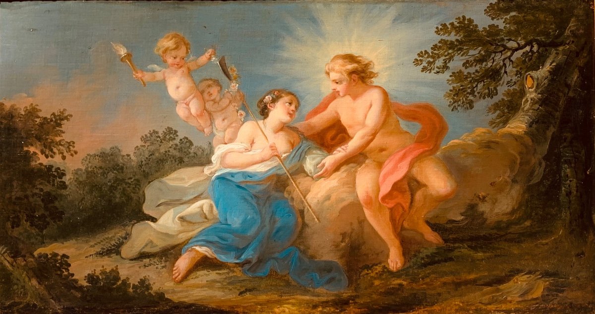 Scene Galante. Hst 83x45. Epoque Moitié du XVIII Siecle. Suiveur De François Boucher.