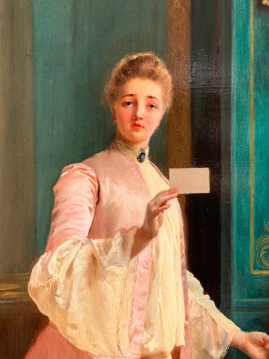 Gustave Jacquet 1846-1909. Ragazza riceve un regalo. Olio tavola 65x54-photo-4