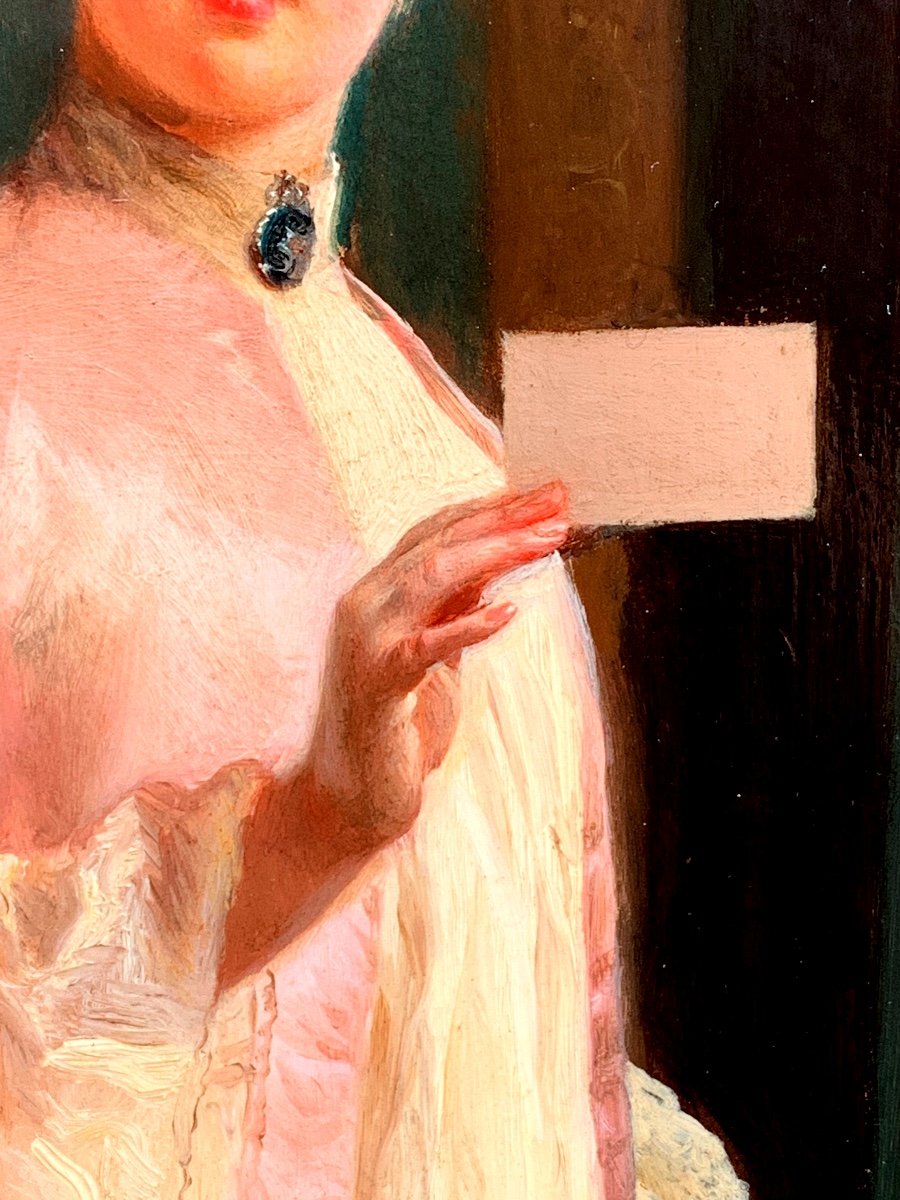 Gustave Jacquet 1846-1909. Ragazza riceve un regalo. Olio tavola 65x54-photo-3