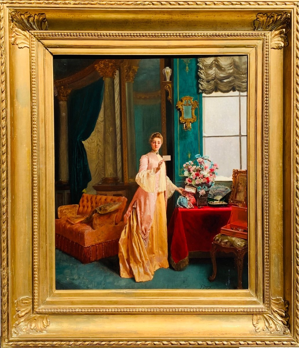 Gustave Jacquet 1846-1909. Ragazza riceve un regalo. Olio tavola 65x54