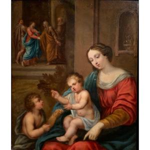 Madonna,Bambin Gesù e San Giovannino. Olio tavola 37,5x32. XVII secolo.