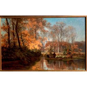 Paesaggio lacustre. Olio su pannello 100x63. Edmond De Schampheleer 1824-1899