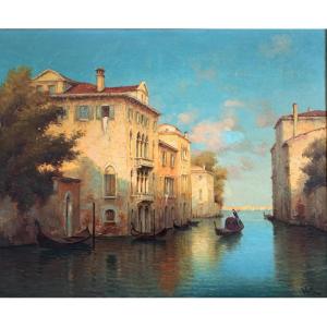 Canale à Venezia con gondola. Olio tela 65x54. Hugo Golli detto Vallin