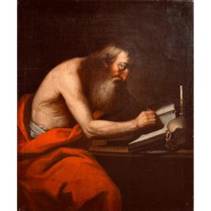 San Girolamo che legge. Grande olio su tela 97x116. Scuola francese metà del XVII secolo