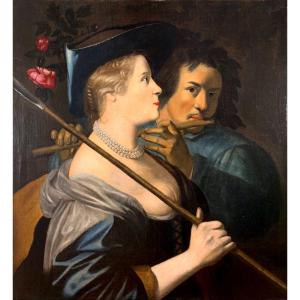Ritratto di donna con musicista. Olio su tela83x77. Scuola fiamminga seconda Metà del ‘600.