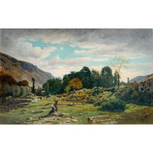Pastorelle in un paesaggio.Grande olio su tela 151x95. Horace Antoine Fonville 1832-1914