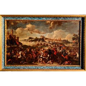 Battaglia fra cavalieri Cristiani e Turchi. Grande olio su tela 153x91. Scuola italiana,del 600