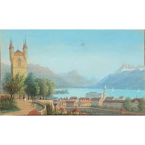 Coppia di miniature 8,5x5. Vedute del Lago Leman,Svizzera. Epoca meta’800
