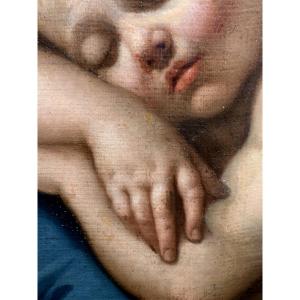 Bimbo addormentato. Olio su tela,40x34. Scuola italiana,fine del XVII secolo.
