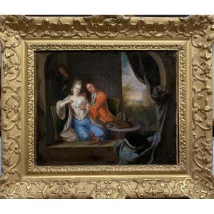 Scena galante. Olio su tela 40x34. Ambito di Constantyn Netscher (1668-1723)