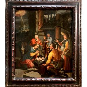 Addorazione dei pastori. Olio su tavola,47x39. Circolo di Pieter Pietersz Aertsen,1541-1603