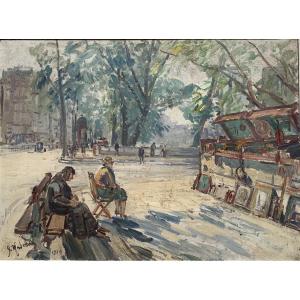 Venditori di libri a Parigi. Olio su tela 73x54. Firmato Gustave Madelain e datato 1929.