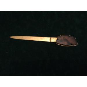 Paper Cutter Letter Opener In Gilt Bronze And Slice Of Stone Art Deco Period
