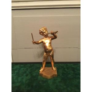Putti Musician In Gilt Bronze Signed Lavergne