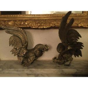 Pair Of Silver Bronze Roosters