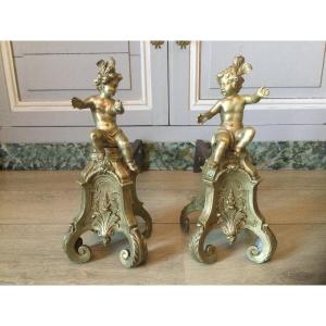 Pair Of Andirons In Bronze Regency Period With Putti