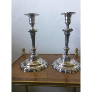 Pair Of Candlesticks In Silvered And Chiseled Bronze Regency Period