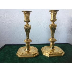 Pair Of Regency Candlesticks In Gilt Bronze