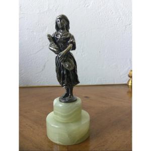 Silver Bronze Young Girl With Mandolin Onyx Base
