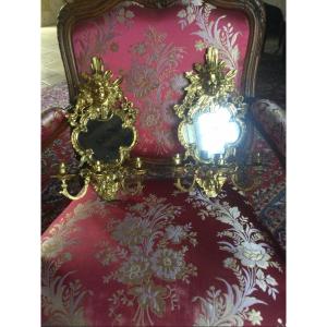 Pair Of Mirror Sconces With Three Arms Of Light In Gilt Bronze