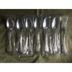 6 Large Spoons And A Fork Christofle Ribbon Model 