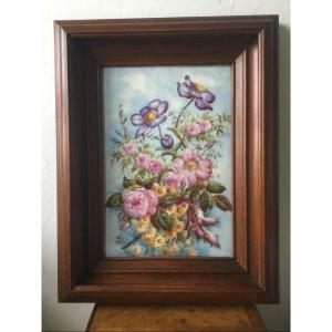 Large Porcelain Painting Bouquet Of Flowers Rosewood Frame 