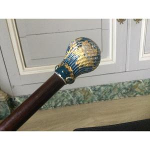 Hot Air Balloon Shaped Pommel Cane In Enameled And Gilded Silver 