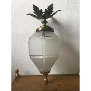 Ceiling Light, Lantern In Bronze And Frosted Glass 