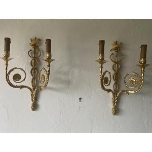 Pair Of Directoire Period Gilt Bronze Caduceus Wall Lights