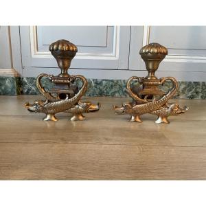 Pair Of Bronze Andirons With Entwined Fish Decor