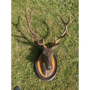 Deer Head Trophy In Carved Wood And Natural Deer Antler 