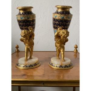 Pair Of Barbedienne Gilt And Enamelled Bronze Vases