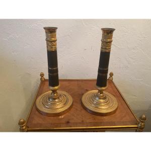 Pair Of Empire Period Candlesticks In Gilt Bronze With Patina, 27 Cm High