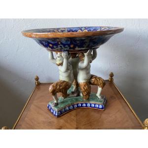 Earthenware Cup Decorated With A Gallant Scene Supported By Three Fauns 