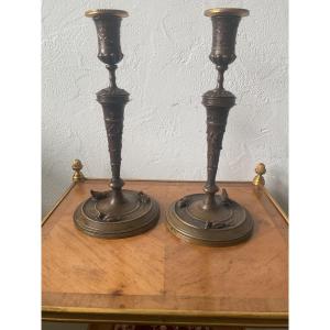 Pair Of Duck-shaped Candlesticks Signed Auguste Nicolas Cain
