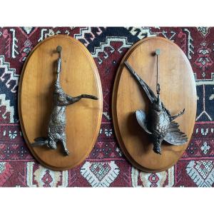 Pair Of Hunting Trophies In Bronze With Hare Patina.