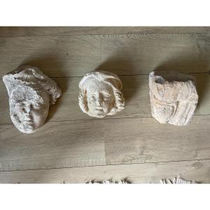 Three Sculpted Heads In Limestone