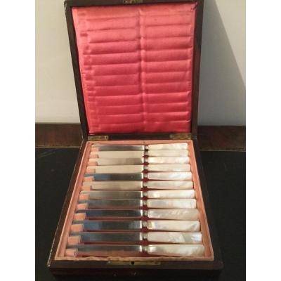12 Silver Fruit Knives Old Fashioned Punch Mother-of-pearl Sleeves Gross Weight 400gr