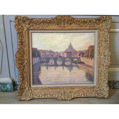 Oil On Paper Rome Saint Peter's Basilica And The Saint Angel Bridge