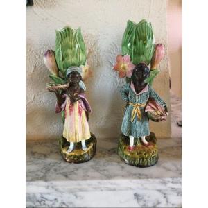 Pair Of Barbotine Vases From Onnaing To Servants Black Height 30 Cm