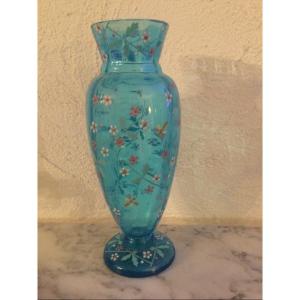 Blue Glass Vase With Rotate Decor Enamelled With Small Flowers
