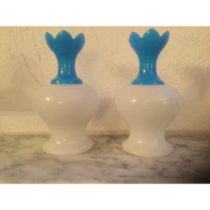Pair Of Vases In Milky Opaline Color White And Blue Charles X Period
