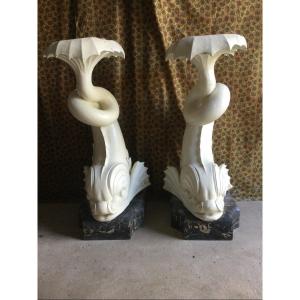 Pair Of Console Bases In The Shape Of A Dolphin On Marble Plinths