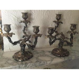 Pair Of Candelabra, End Of Table In Silver Bronze With 3 Arms