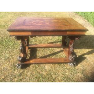 Rare Center Table In Marquetry This Transforms Into A Backgammon Game, Tri Trac Louis XIV Style