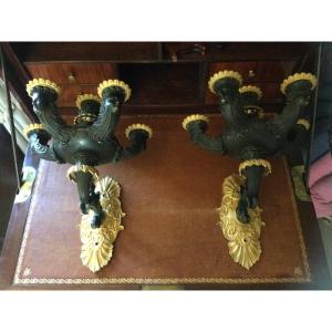 Pair Of Sconces In Gilt And Patinated Bronze Charles X Period