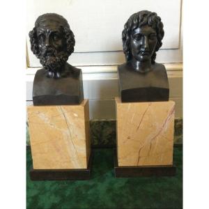 Pair Of Busts Of The Philosophers Homer And Aristotle In Patinated Bronze