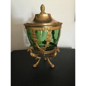Candy Box, Sugar Bowl In Gilt Bronze And Green Glassware