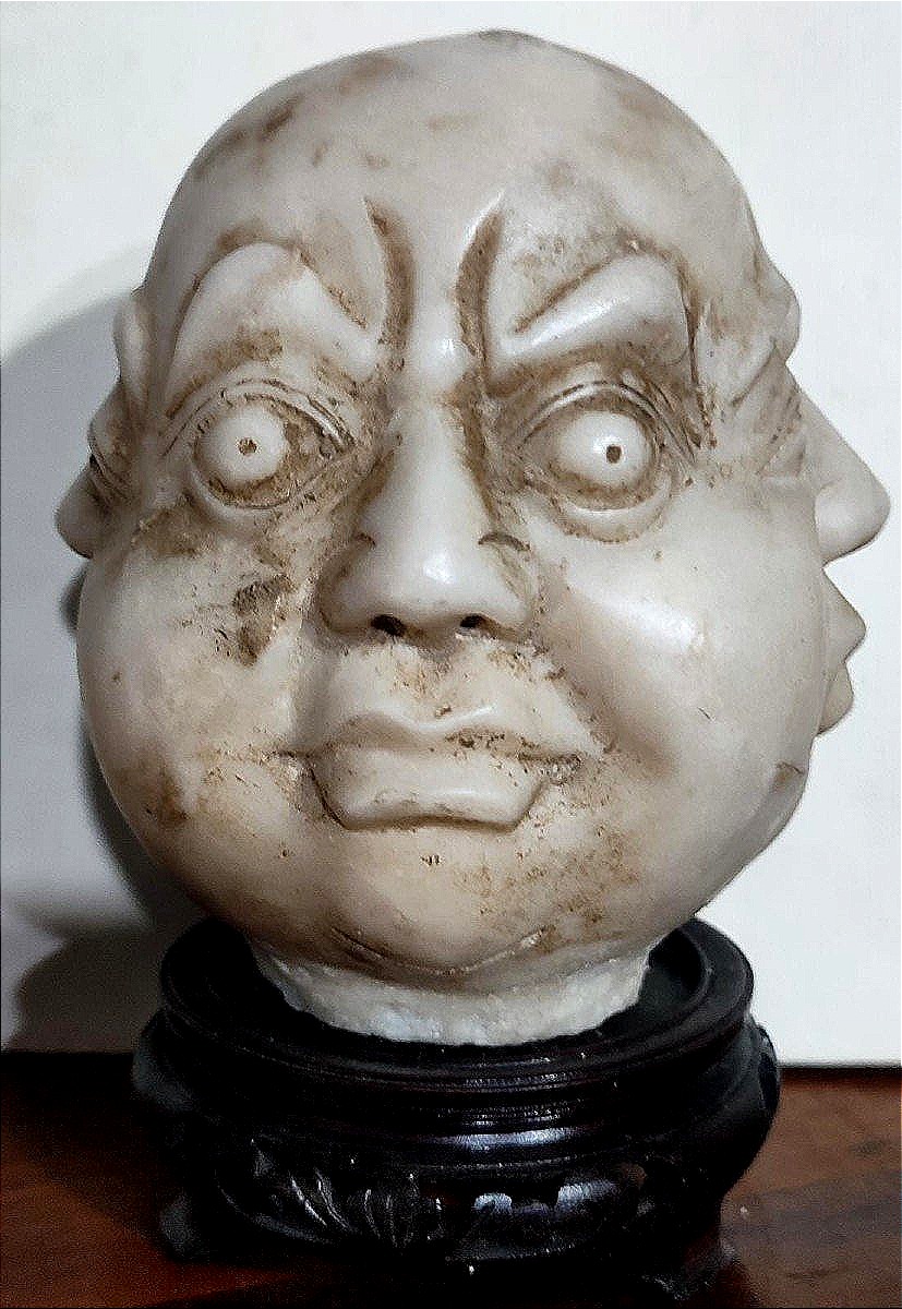 ANTICA SCULTURA IN MARMO BIANCO LA TESTA DI BUDDA-photo-4