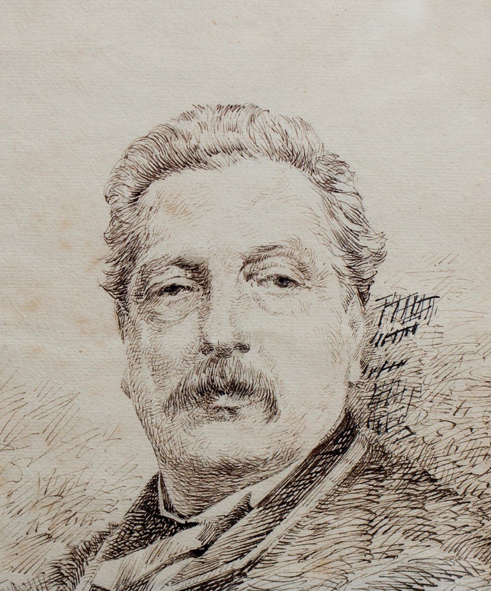 'Giacomo Puccini' disegno a china di G. Fattori, firmato nel Chiaro-Scuro-photo-2